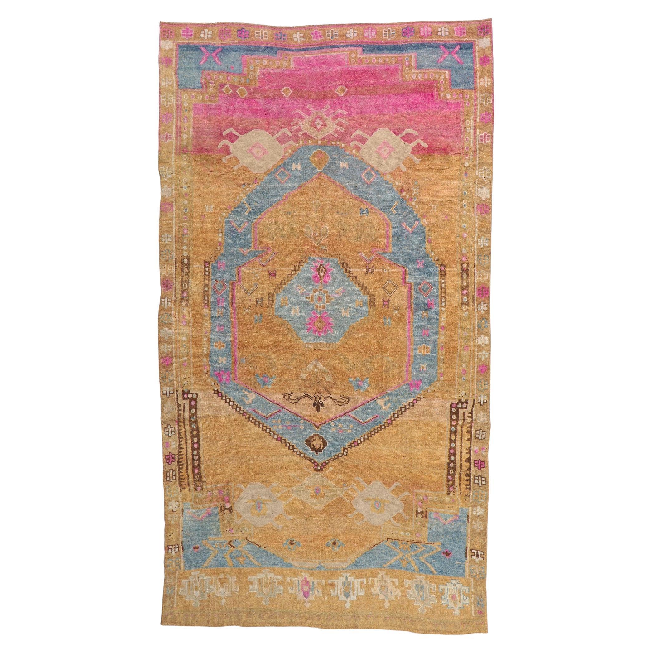 Vintage Turkish Oushak Rug, Colorfully Curated Meets Global Chic For Sale
