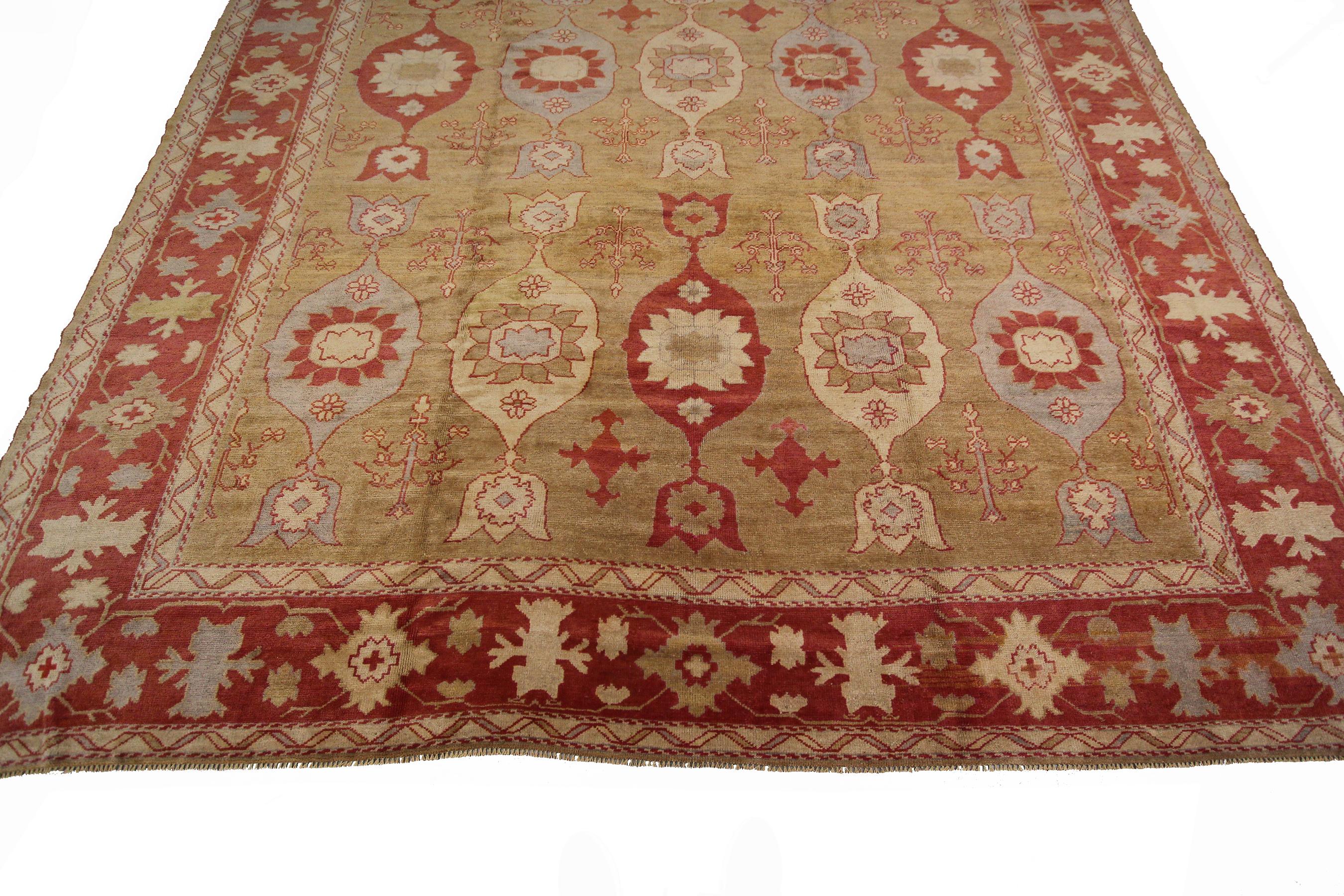 Vintage Turkish Oushak Rug Geometric Art Nouveau Rug Handmade 12x15 361x463CM In Good Condition For Sale In New York, NY