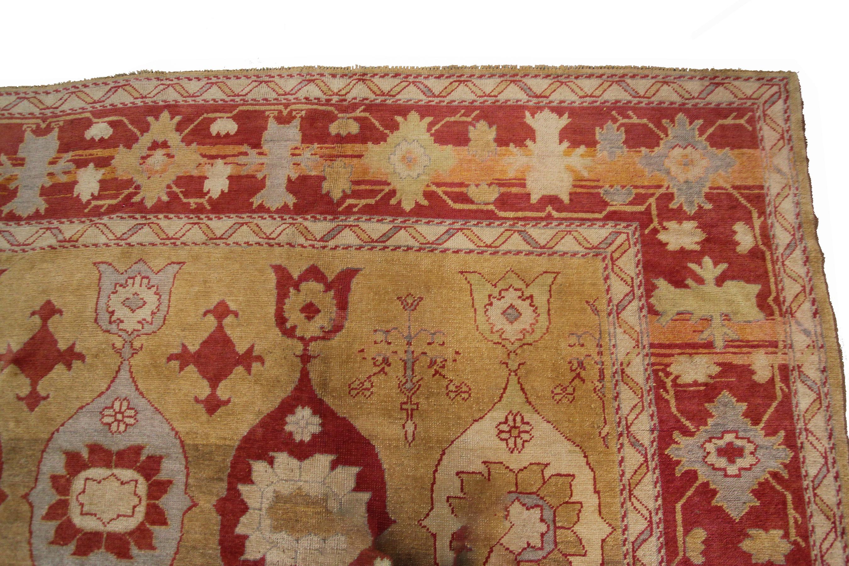 Wool Vintage Turkish Oushak Rug Geometric Art Nouveau Rug Handmade 12x15 361x463CM For Sale