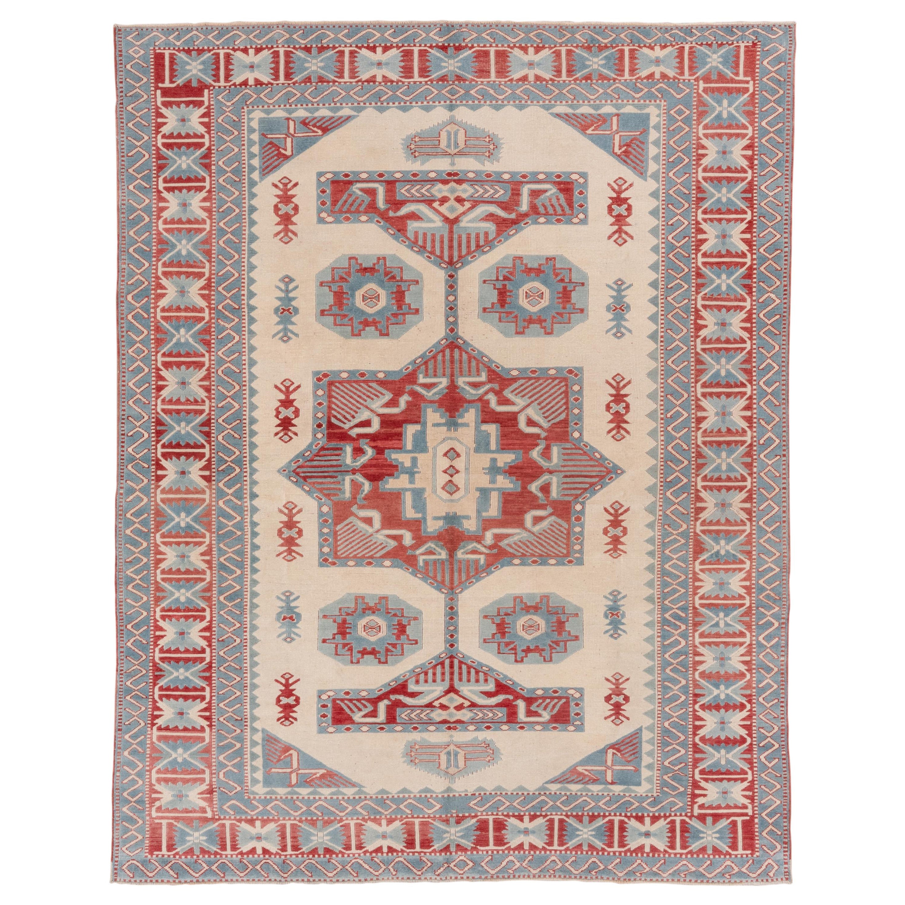 Tappeto turco vintage Oushak, medaglione geometrico rosso, campo esterno color crema