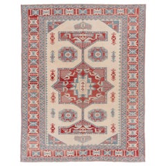 Tappeto turco vintage Oushak, medaglione geometrico rosso, campo esterno color crema