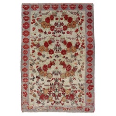 Vintage Turkish Oushak Rug in All-Over Flower Design Background & Boteh Border