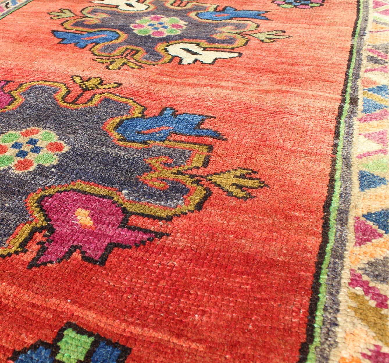 20th Century Vintage Turkish Oushak Rug in Beautiful Red Background and Cheerful Colors For Sale