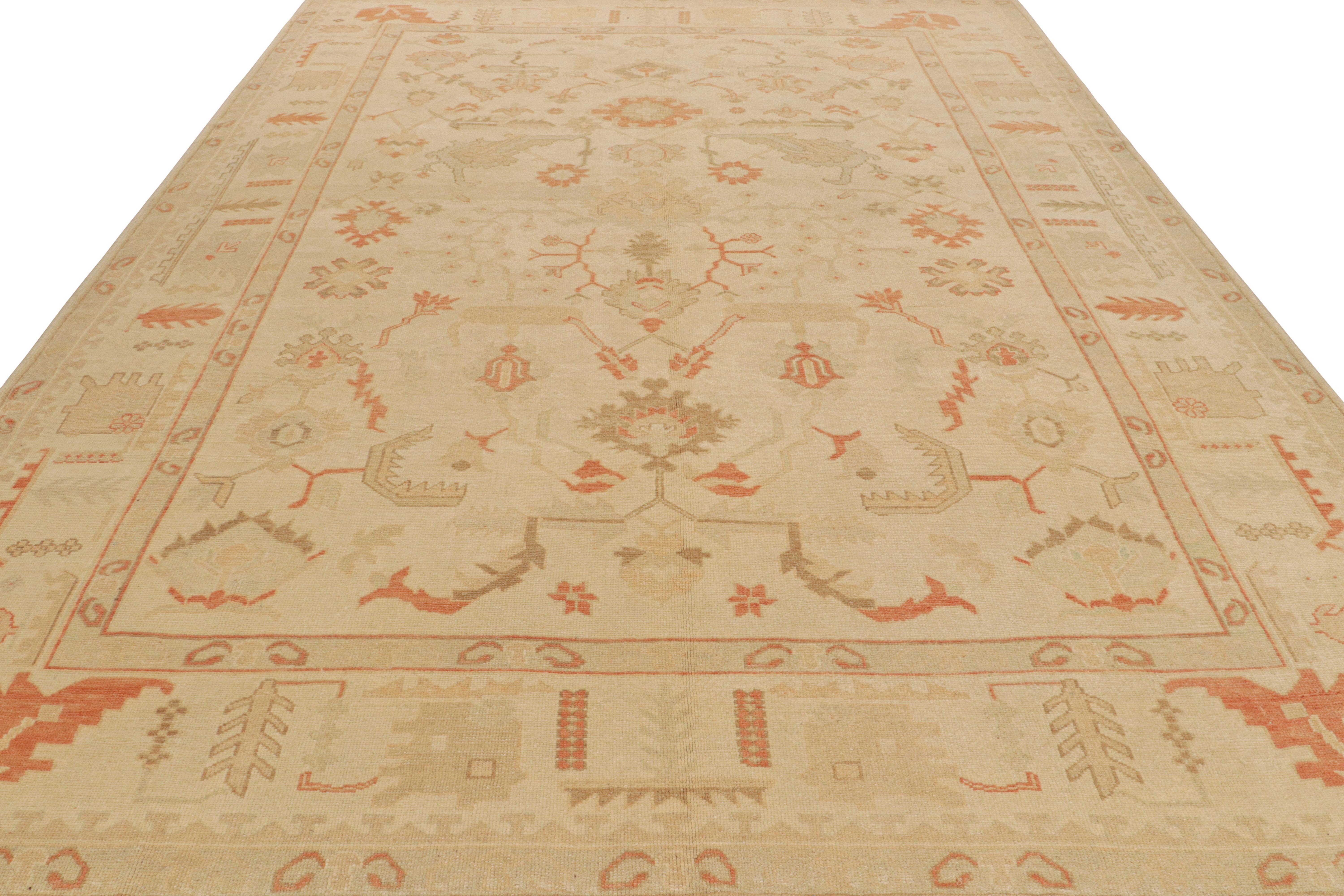 Mid-20th Century Vintage Turkish Oushak Rug in Beige, Orange, Green Floral Pattern by Rug & Kilim For Sale