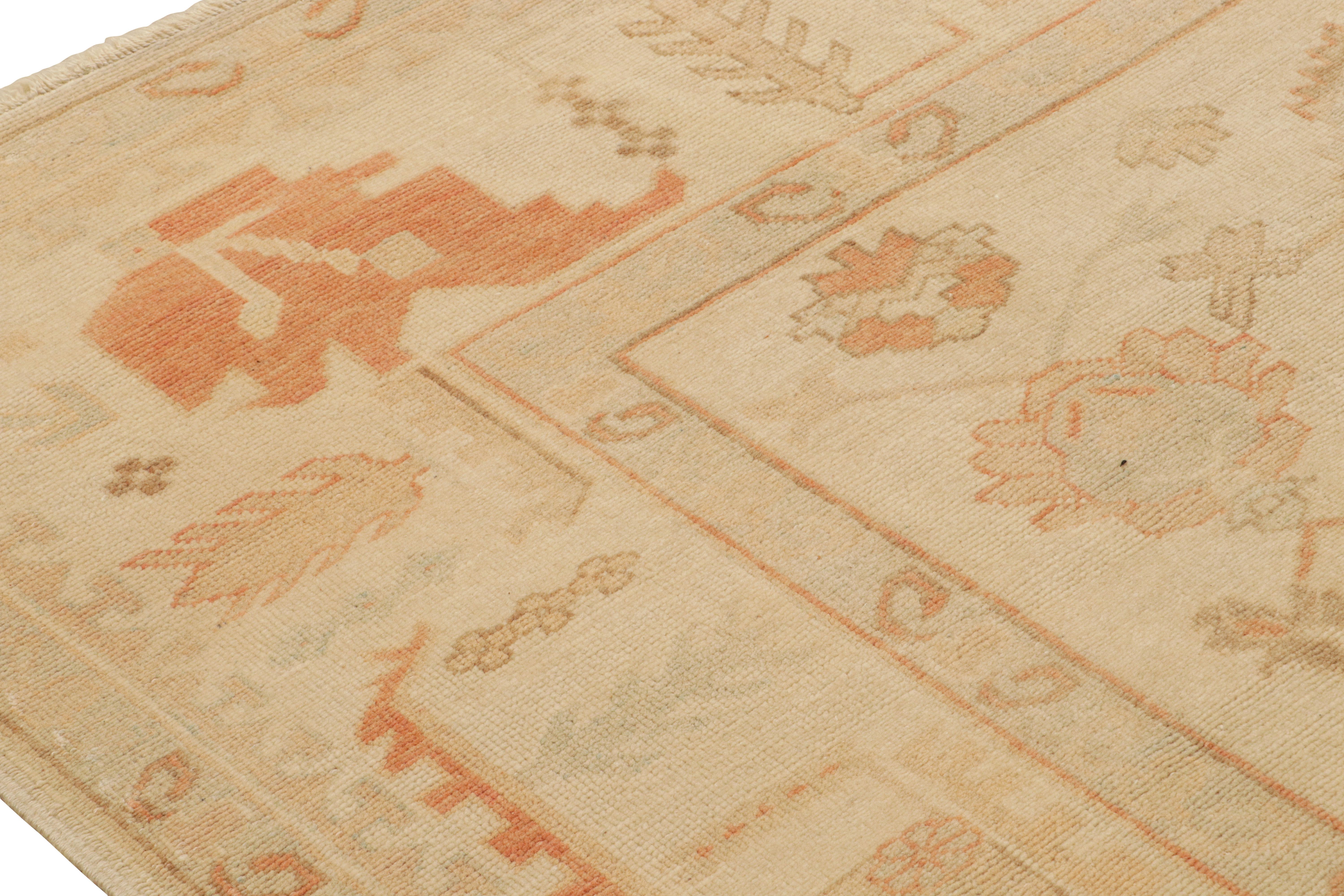 Hand-Knotted Vintage Turkish Oushak Rug in Beige, Orange, Green Floral Pattern by Rug & Kilim For Sale