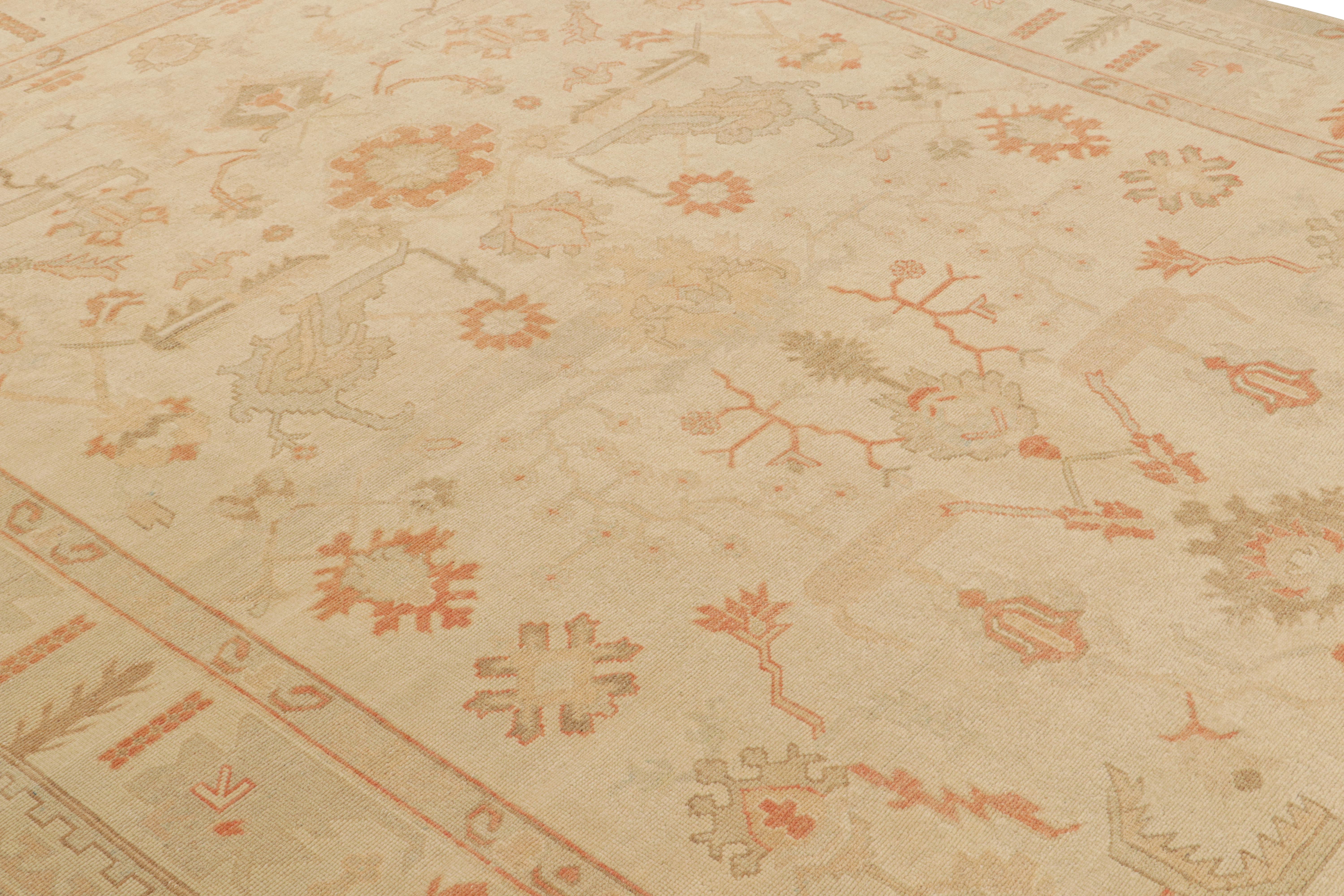 A scintillating 9x12 vintage mid-century Oushak rug hailing from Turkey circa 1950-1960, joining Rug & Kilim’s Antique & Vintage collection in mint condition. Unlike the usual ones that depict a uniform floral theme, this alluring piece features