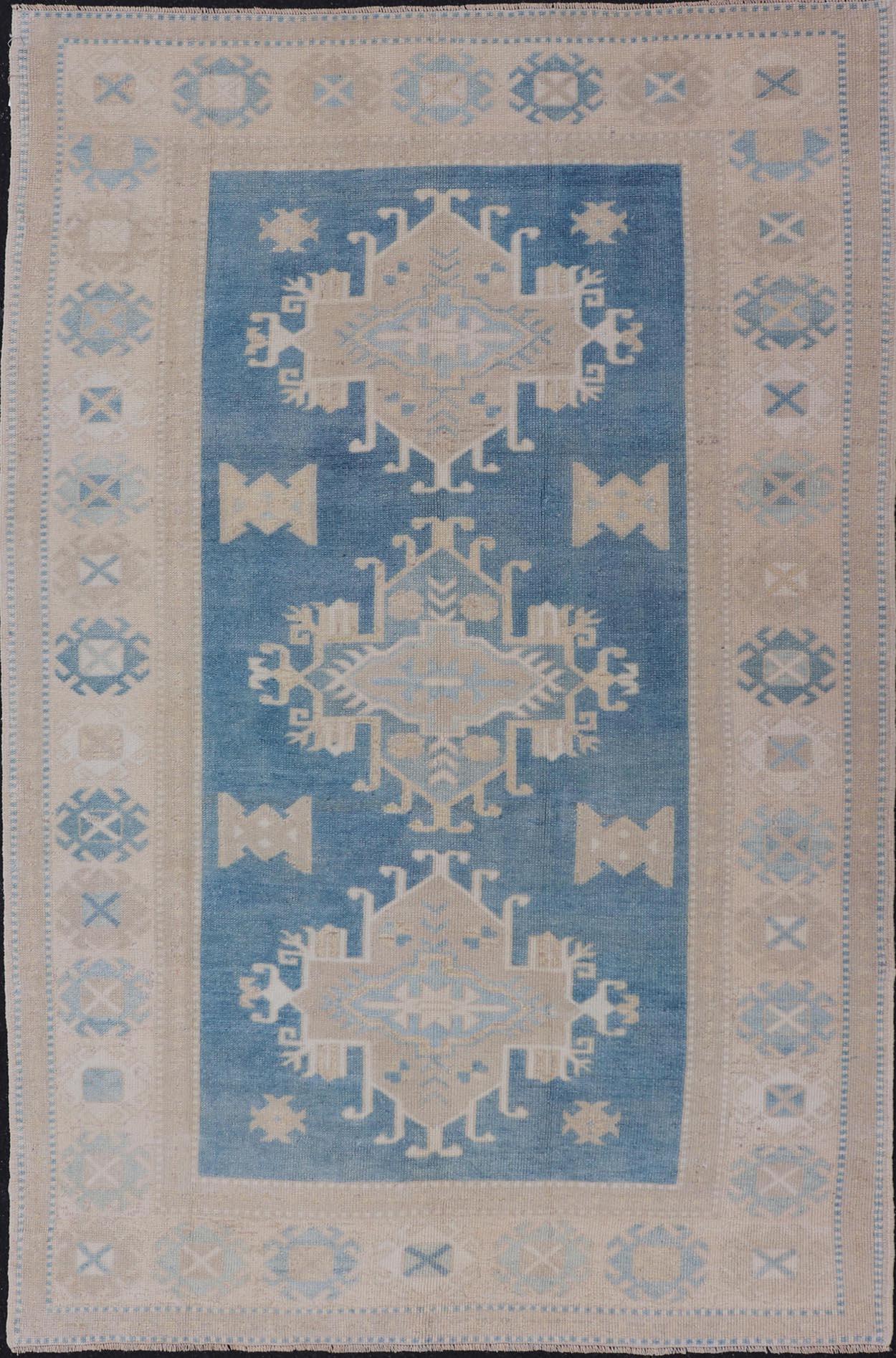 Vintage Turkish Oushak Rug in Blue Background  4'3" X 7'1"