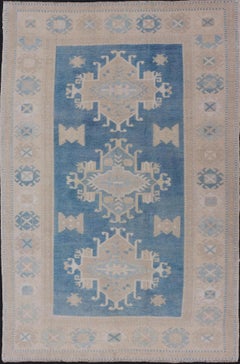 Vintage Turkish Oushak Rug in Blue Background  4'3" X 7'1"