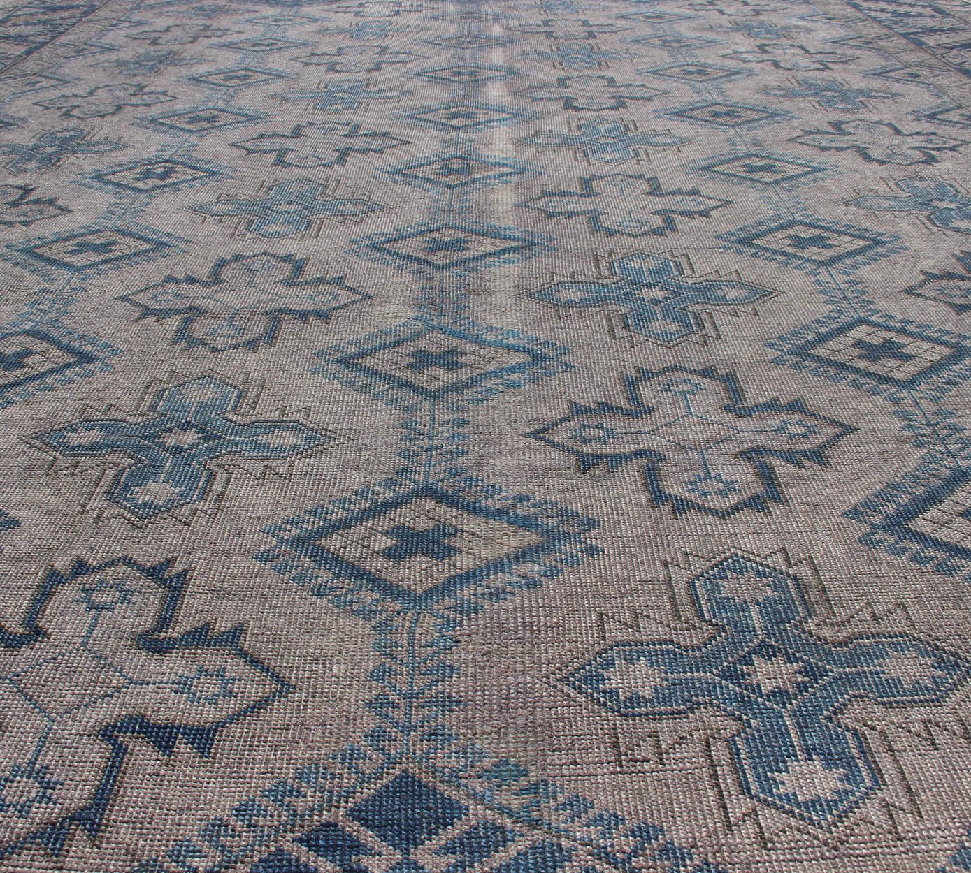 Vintage Turkish Oushak Rug in Blue with All-Over Geometric Design in Gray & Blue For Sale 4