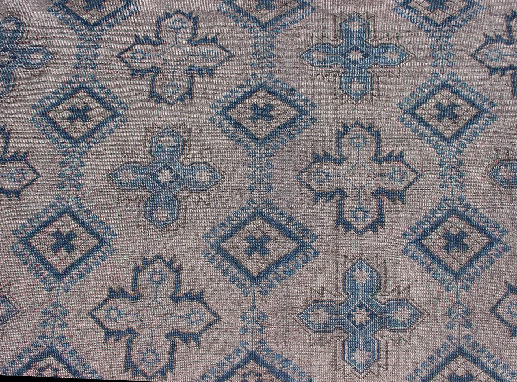 Vintage Turkish Oushak Rug in Blue with All-Over Geometric Design in Gray & Blue For Sale 5