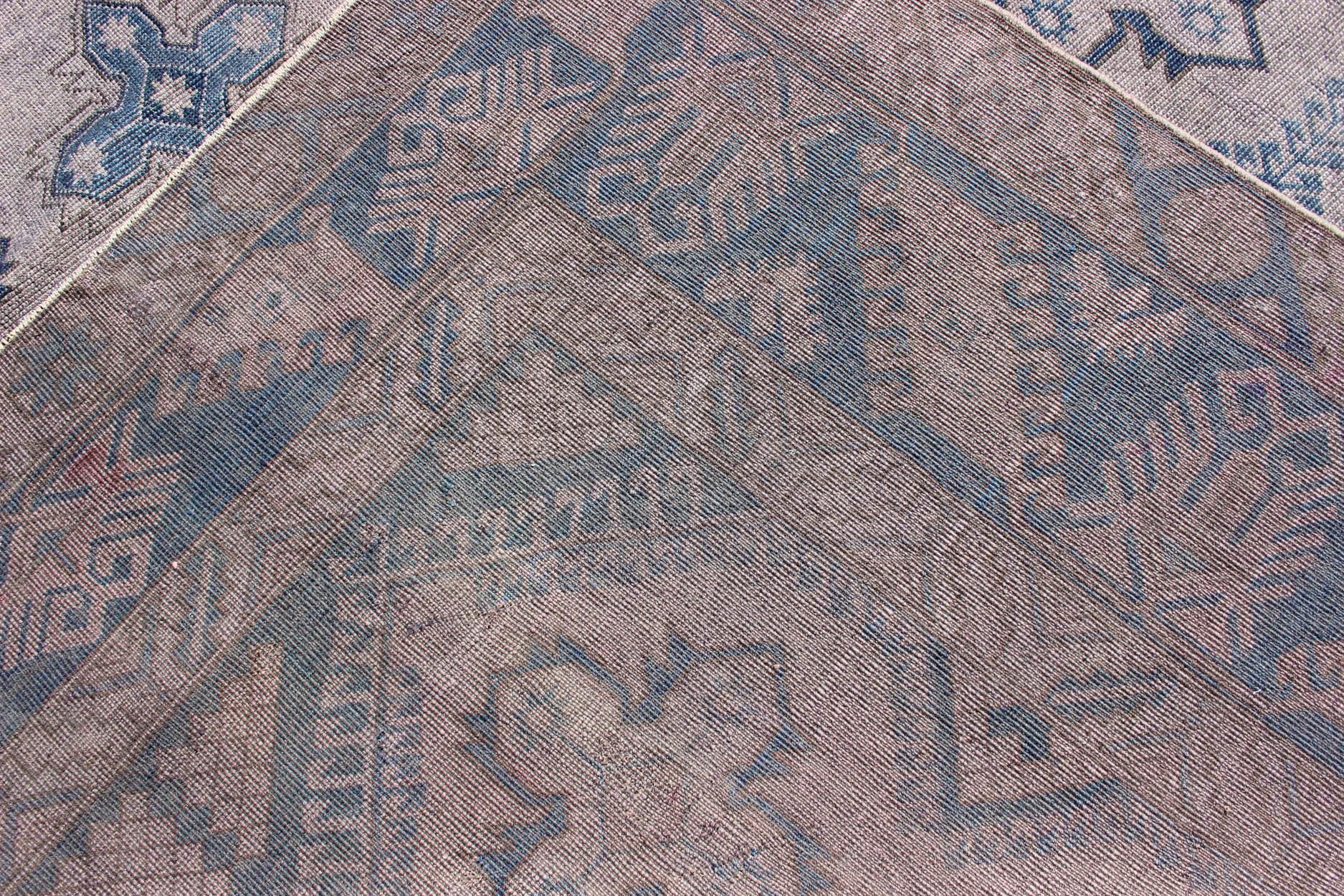 Vintage Turkish Oushak Rug in Blue with All-Over Geometric Design in Gray & Blue For Sale 6