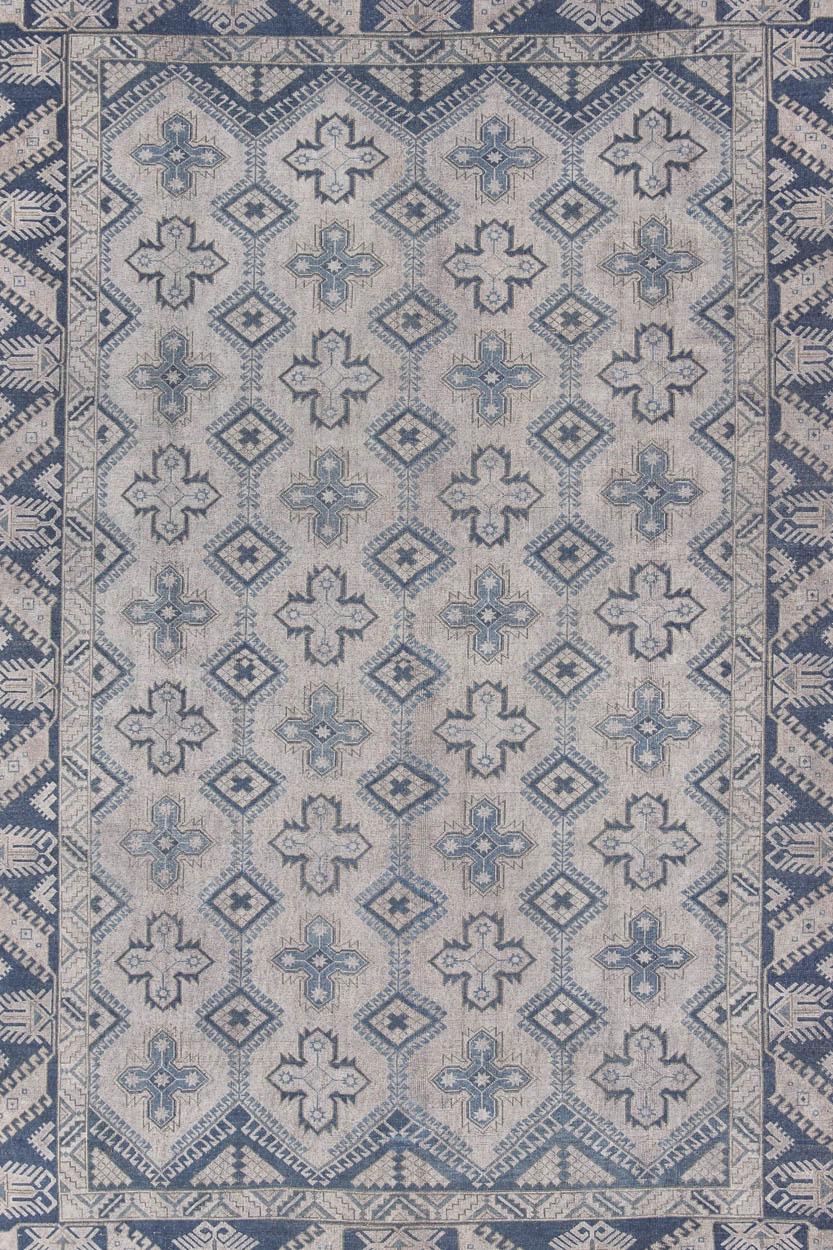 Hand-Knotted Vintage Turkish Oushak Rug in Blue with All-Over Geometric Design in Gray & Blue For Sale