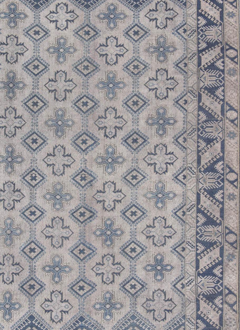 Vintage Turkish Oushak Rug in Blue with All-Over Geometric Design in Gray & Blue In Good Condition For Sale In Atlanta, GA