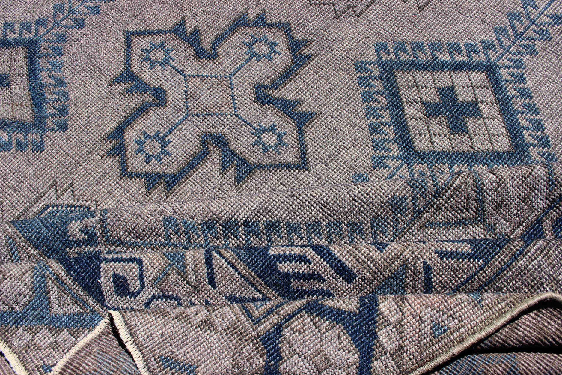 Mid-20th Century Vintage Turkish Oushak Rug in Blue with All-Over Geometric Design in Gray & Blue For Sale