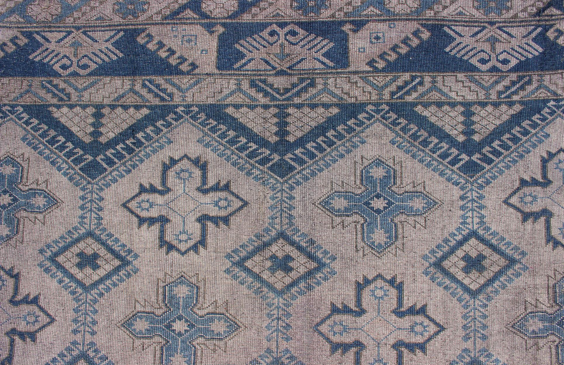 Wool Vintage Turkish Oushak Rug in Blue with All-Over Geometric Design in Gray & Blue For Sale