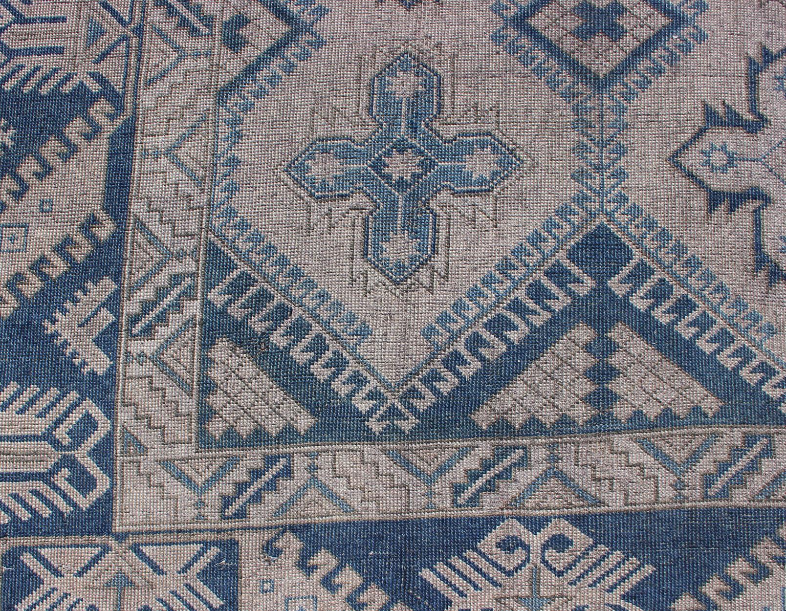 Vintage Turkish Oushak Rug in Blue with All-Over Geometric Design in Gray & Blue For Sale 1