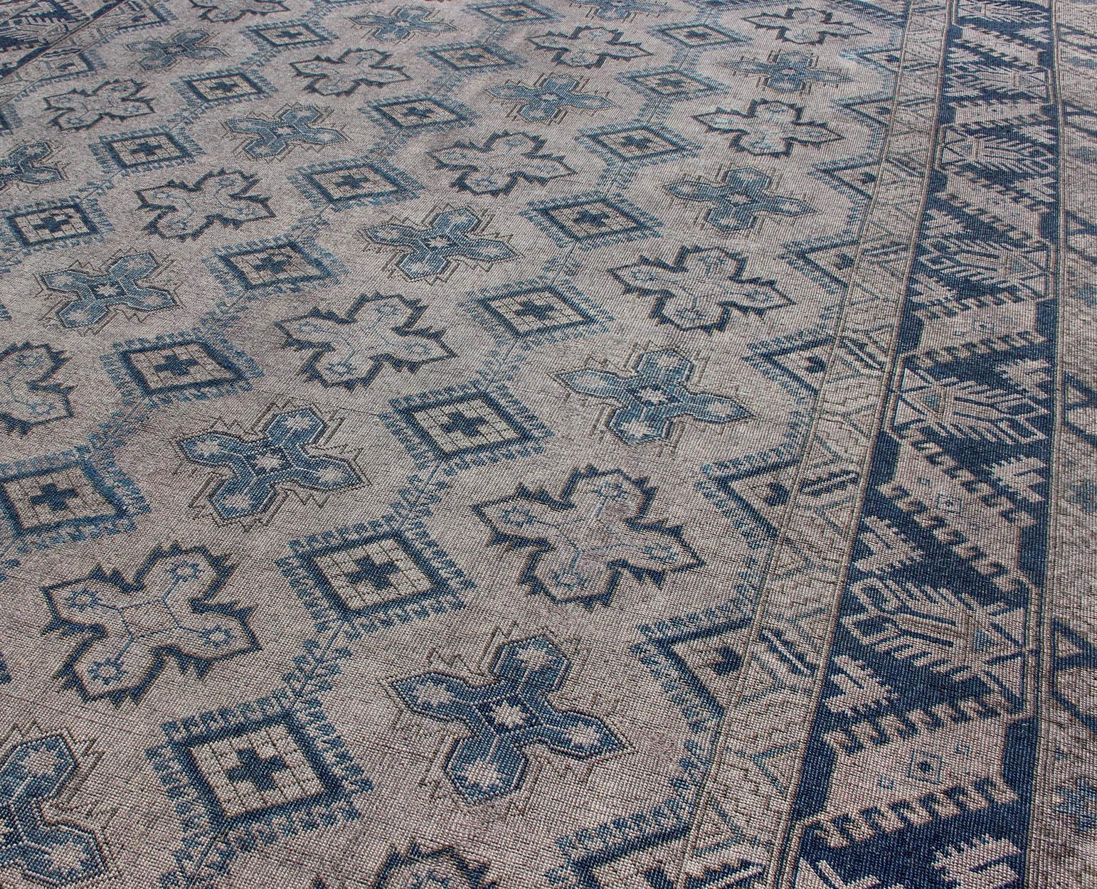 Vintage Turkish Oushak Rug in Blue with All-Over Geometric Design in Gray & Blue For Sale 2
