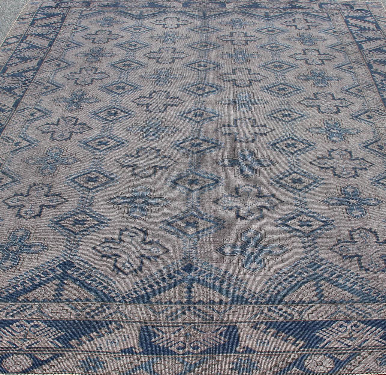 Vintage Turkish Oushak Rug in Blue with All-Over Geometric Design in Gray & Blue For Sale 3