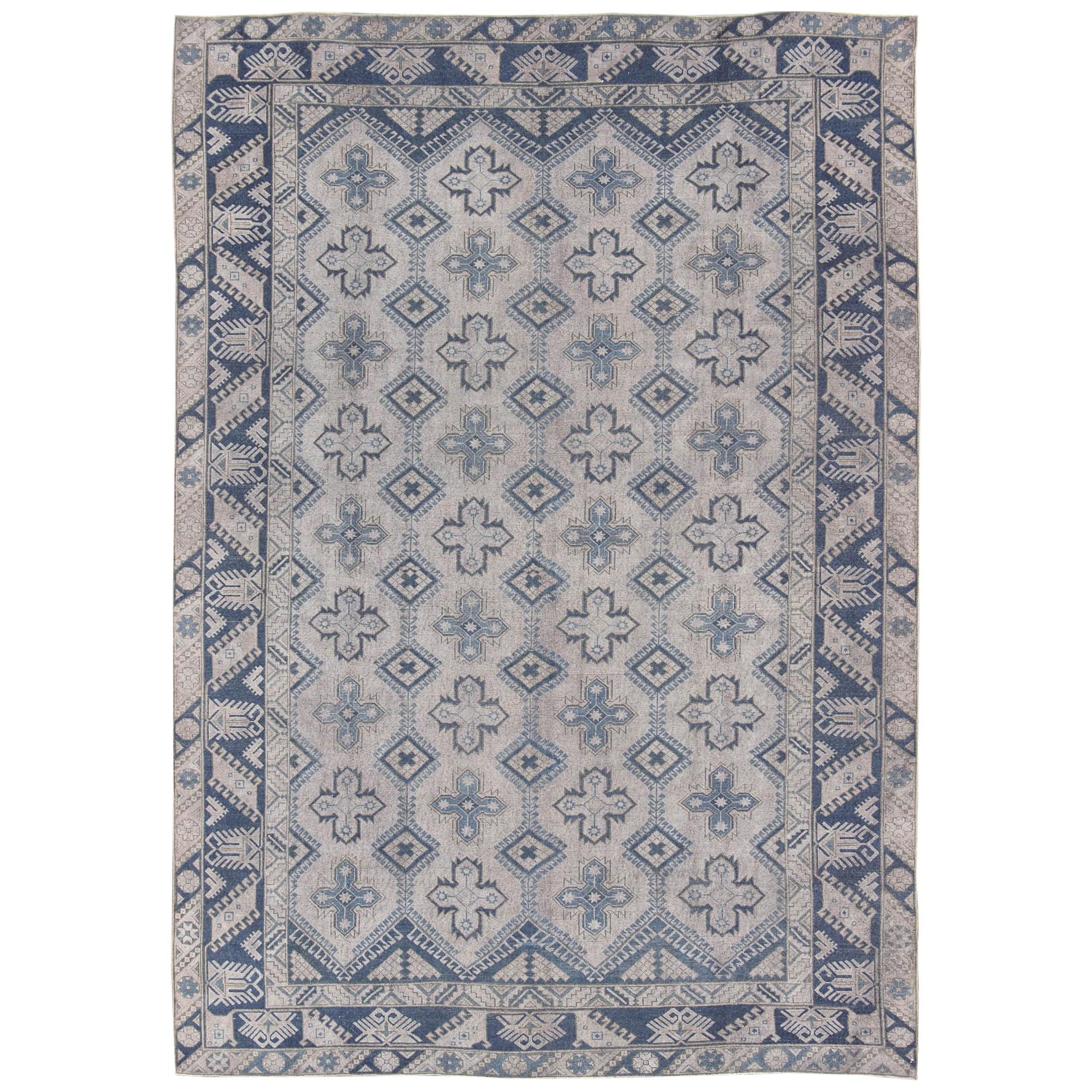 Vintage Turkish Oushak Rug in Blue with All-Over Geometric Design in Gray & Blue