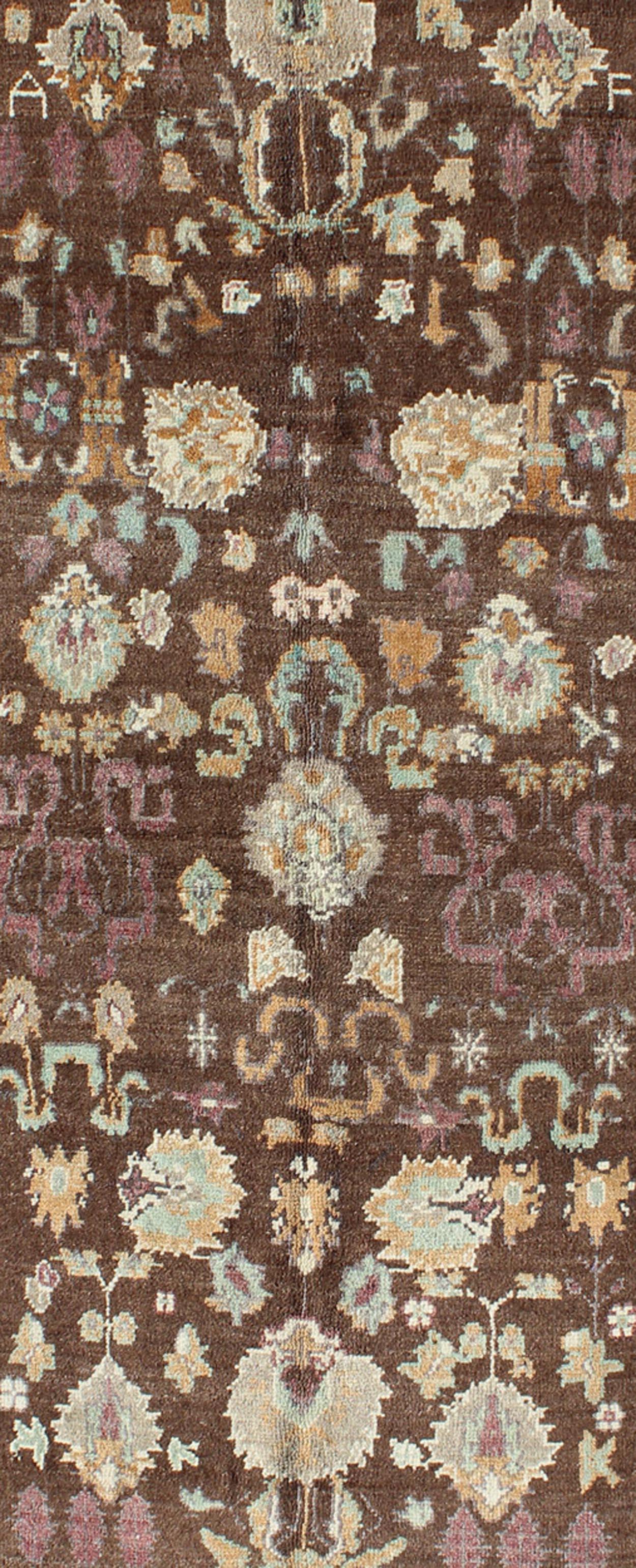 Vintage Turkish Oushak Rug in Brown Background with All-Over Floral Design In Good Condition For Sale In Atlanta, GA