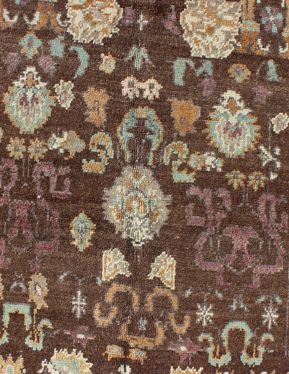 20th Century Vintage Turkish Oushak Rug in Brown Background with All-Over Floral Design For Sale