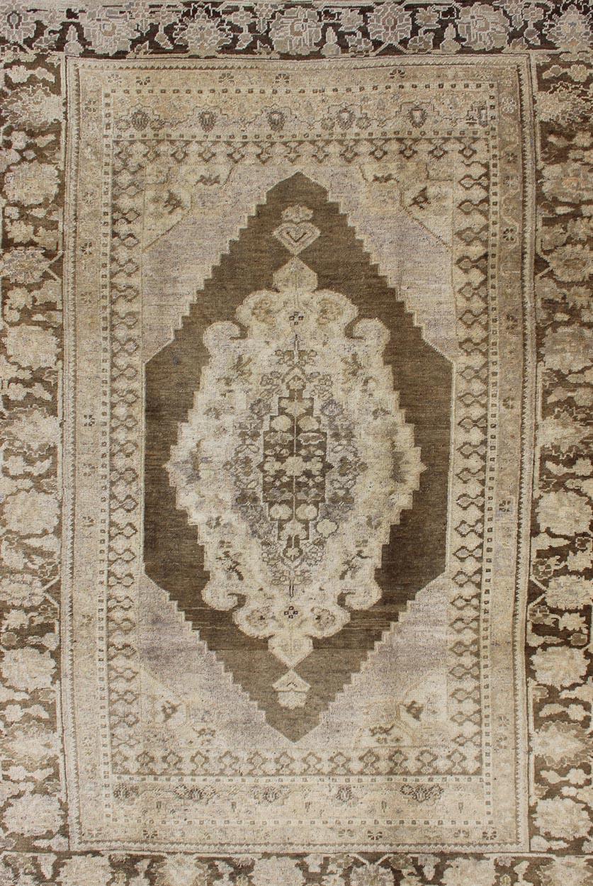 Vintage Turkish Oushak Rug in Brown/Green, Taupe and Neutral Colors In Good Condition For Sale In Atlanta, GA