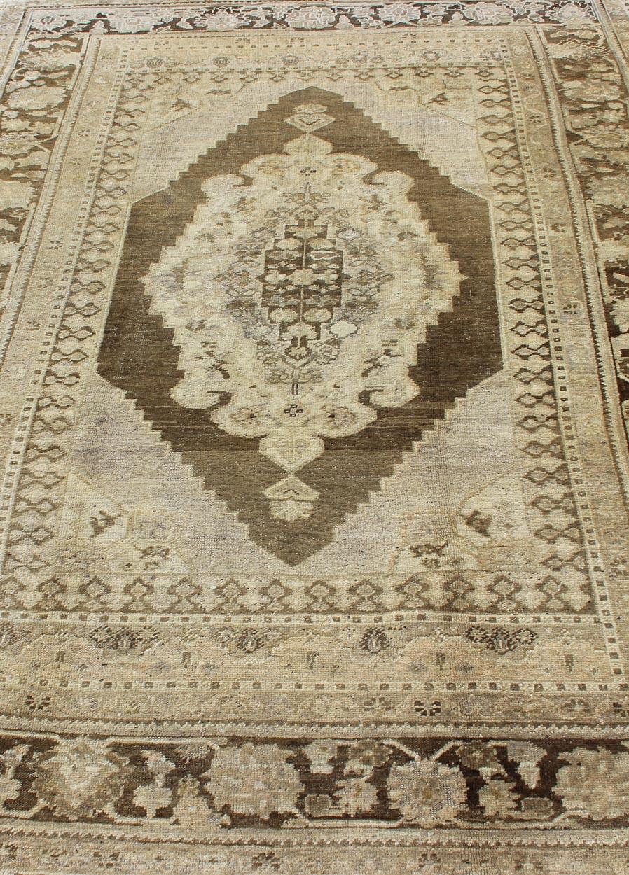 Vintage Turkish Oushak Rug in Brown/Green, Taupe and Neutral Colors For Sale 1