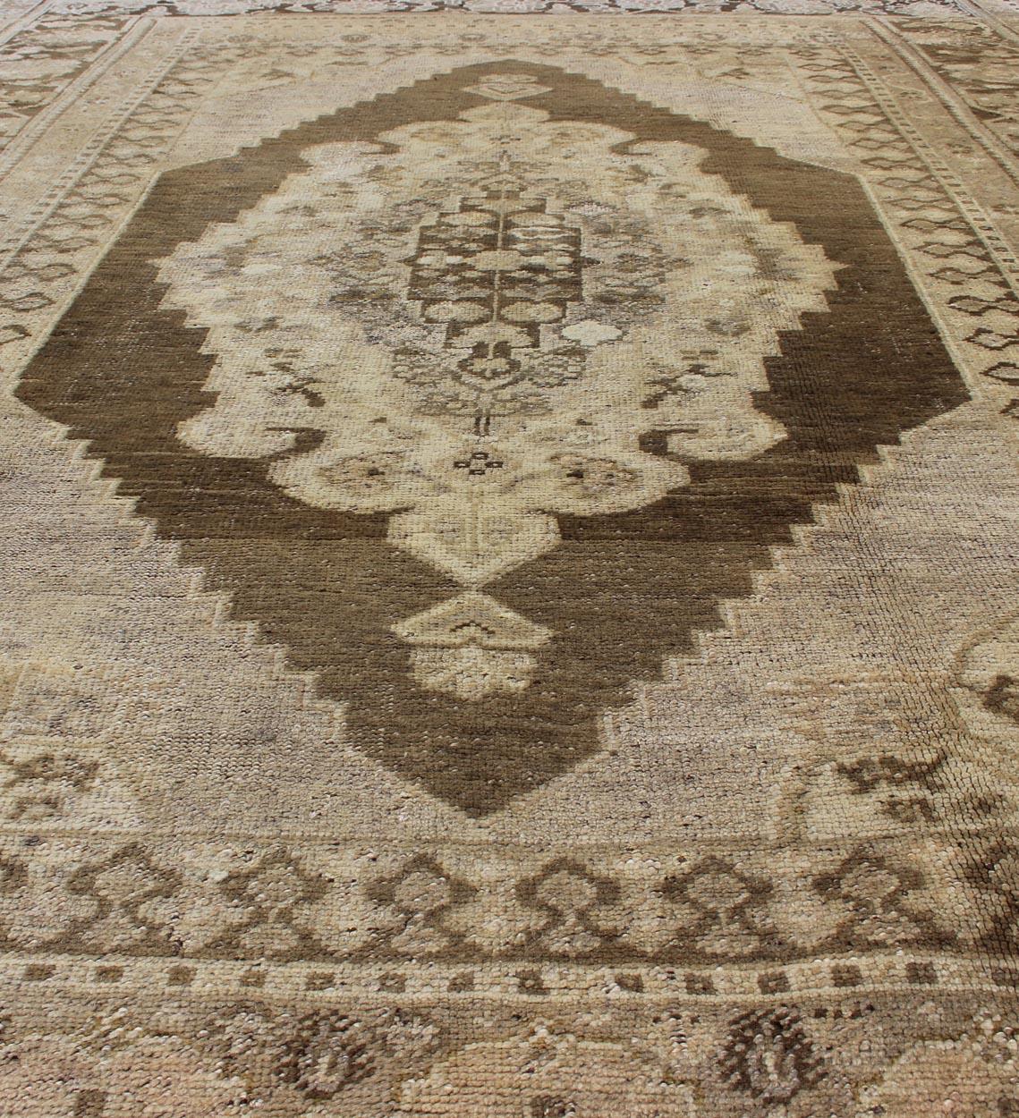 Vintage Turkish Oushak Rug in Brown/Green, Taupe and Neutral Colors For Sale 2