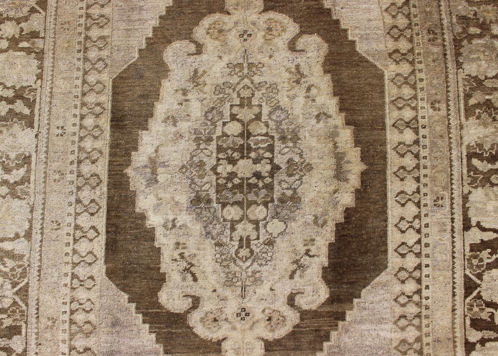 Vintage Turkish Oushak Rug in Brown/Green, Taupe and Neutral Colors For Sale 3