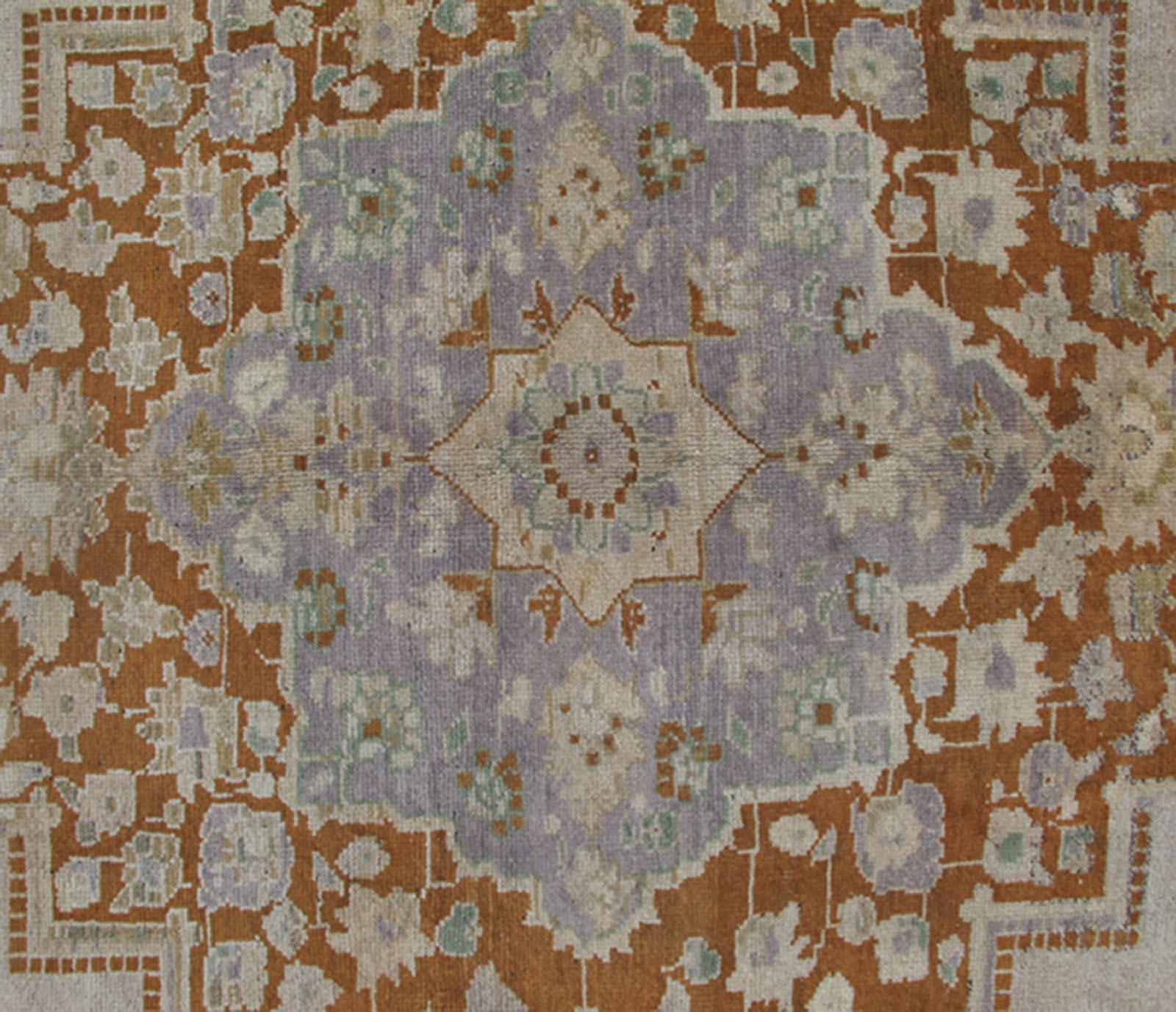 Hand-Knotted Vintage Turkish Oushak Rug in Brown, Pale Green, Taupe & Taupe Light Purple For Sale