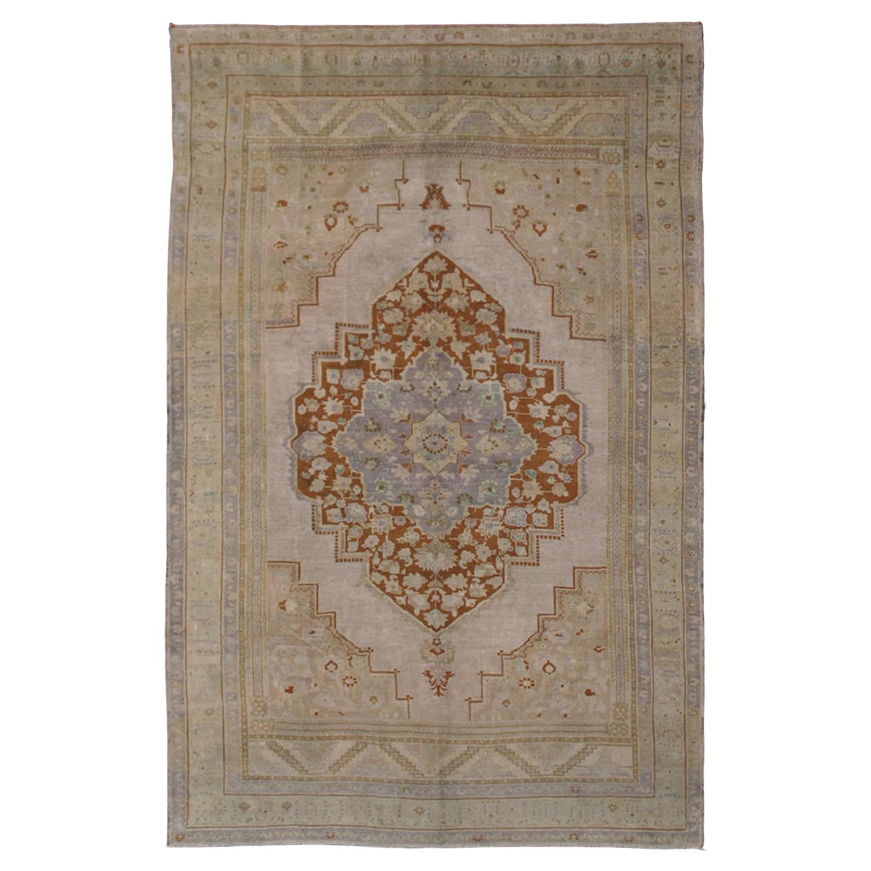 Vintage Turkish Oushak Rug in Brown, Pale Green, Taupe & Taupe Light Purple For Sale