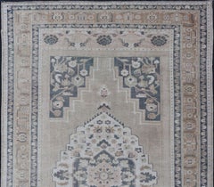 Vintage Turkish Oushak Rug in Dark Gray Blue, Taupe, Khaki & Lt. Brown