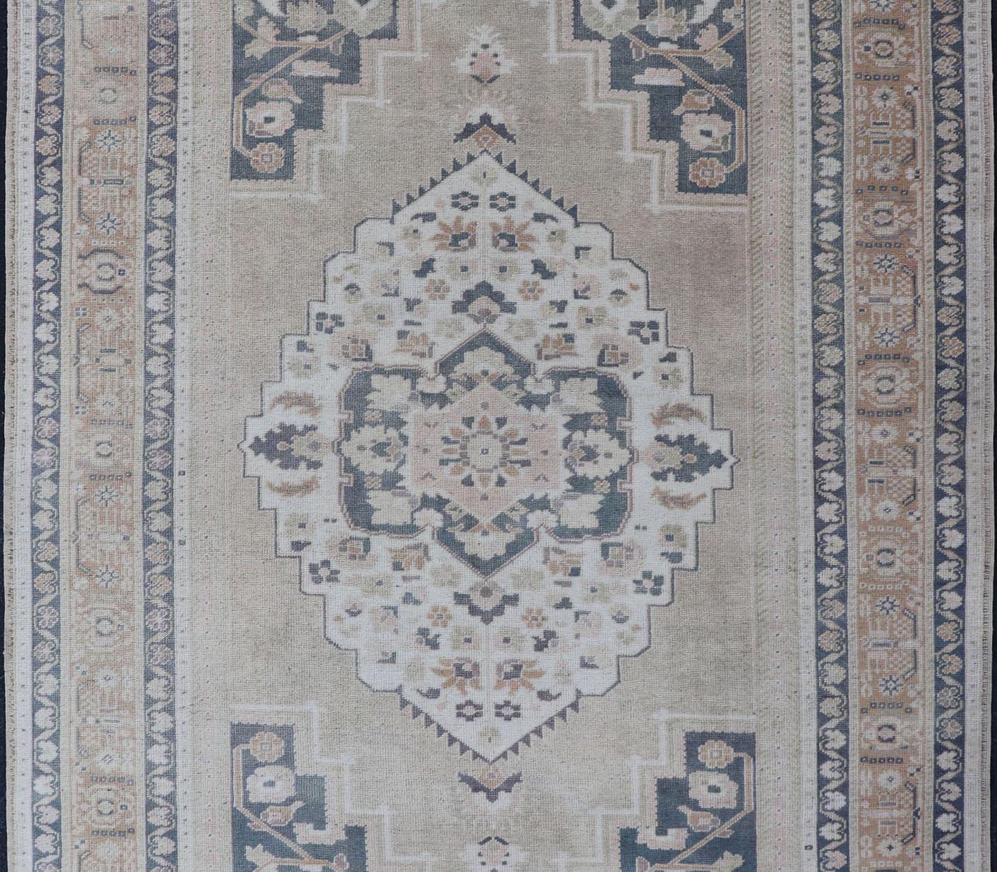 Hand-Knotted Vintage Turkish Oushak Rug in Dark Gray Blue, Taupe, Khaki & Lt. Brown For Sale