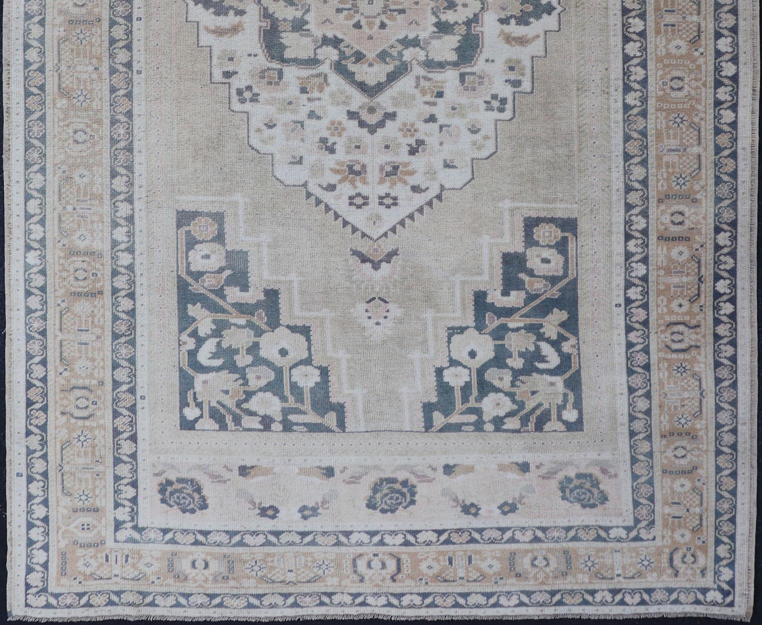 Vintage Turkish Oushak Rug in Dark Gray Blue, Taupe, Khaki & Lt. Brown In Excellent Condition For Sale In Atlanta, GA