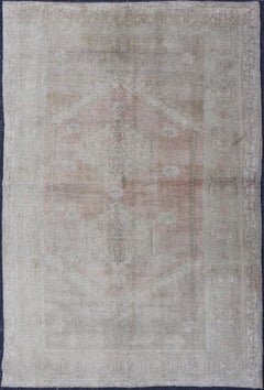 Alfombra turca Oushak vintage en gris y rosa  4'8 x 7'3