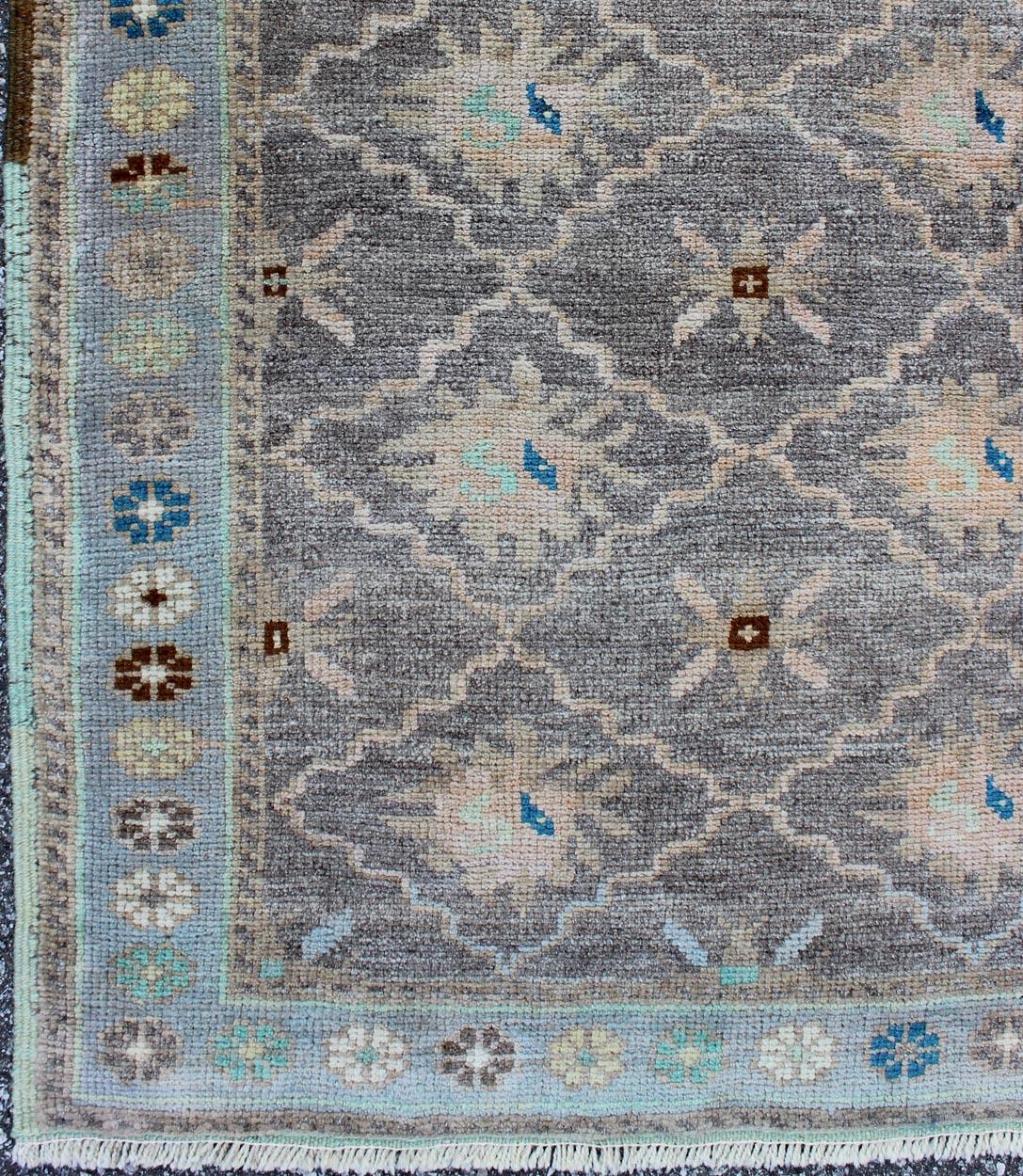Hand-Knotted Vintage Turkish Oushak Rug in Gray/Lavender, Light Blue, Salmon, Green For Sale
