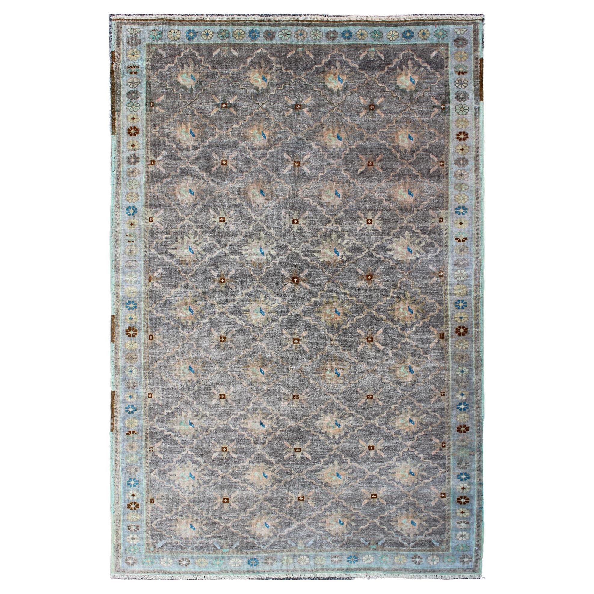 Vintage Turkish Oushak Rug in Gray/Lavender, Light Blue, Salmon, Green For Sale