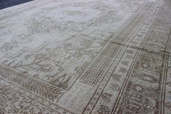 Vintage Turkish Oushak Rug in Ivory Soft Green L. Brown 5'11 x 9'4