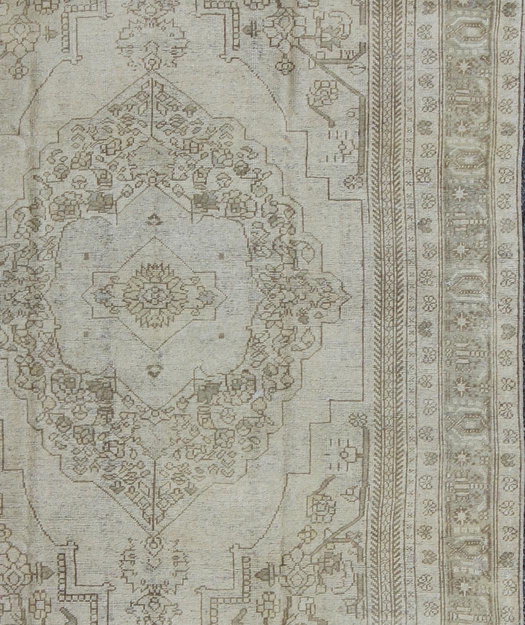 Hand-Knotted Vintage Turkish Oushak Rug in Ivory Soft Green L. Brown   5'11 x 9'4 For Sale