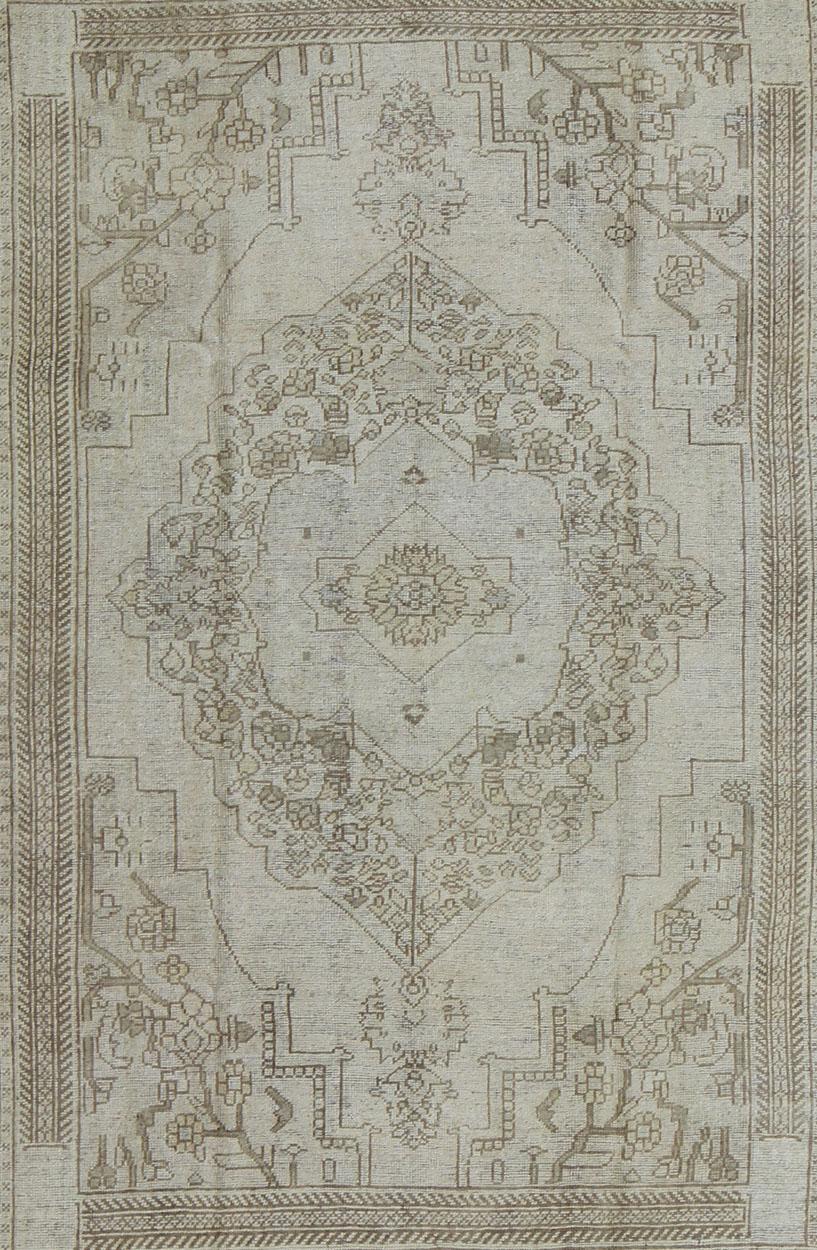 Wool Vintage Turkish Oushak Rug in Ivory Soft Green L. Brown   5'11 x 9'4 For Sale