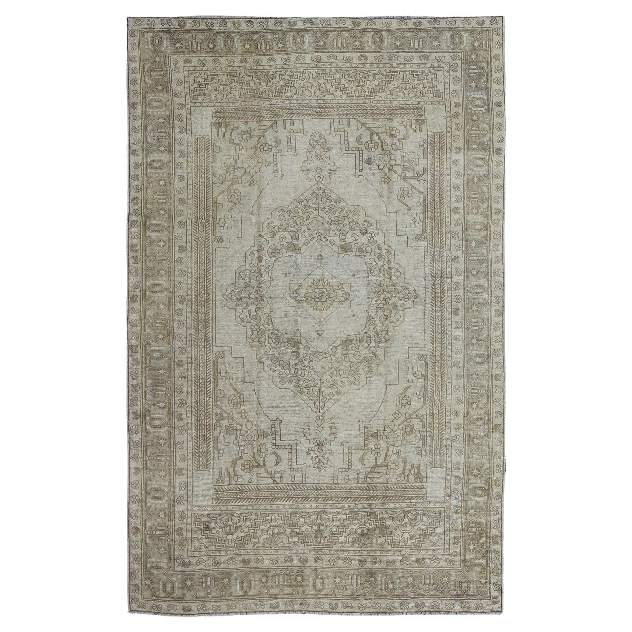 Vintage Turkish Oushak Rug in Ivory Soft Green L. Brown   5'11 x 9'4 For Sale