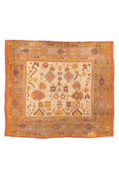 Vintage Turkish Oushak Rug in Ivory with Warm Coral and Saffron Accents