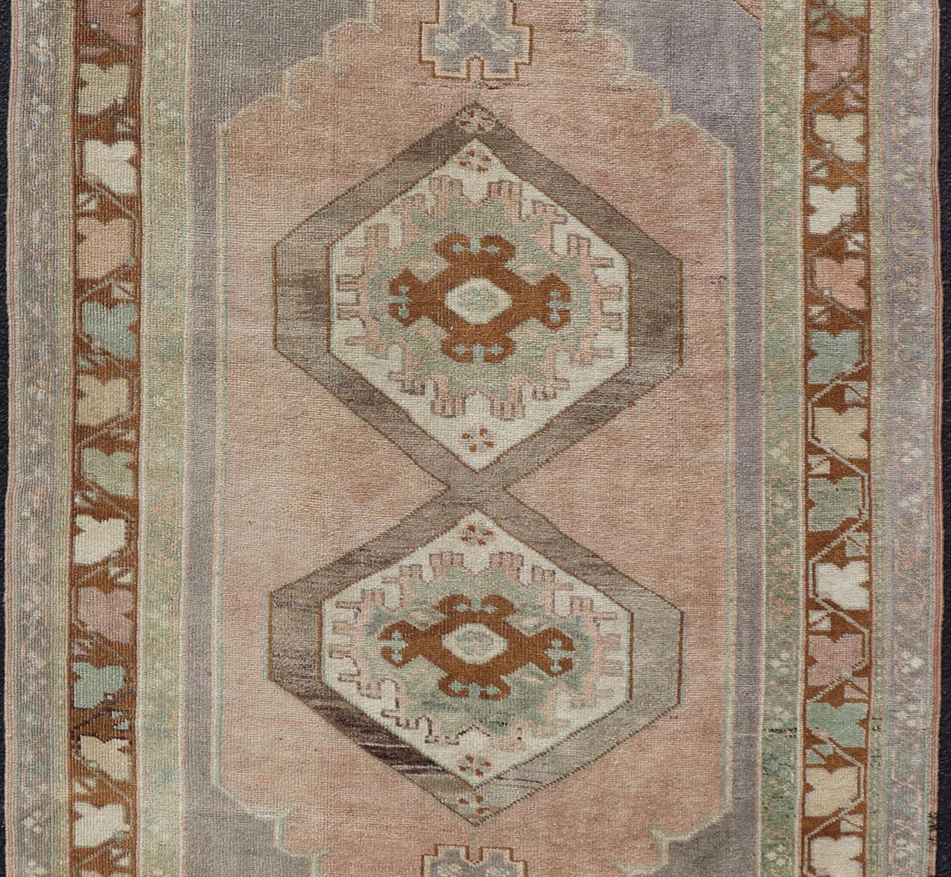 Hand-Knotted Vintage Turkish Oushak Rug in Lavender, Pink, Light Gray, Brown, Cream & Green For Sale