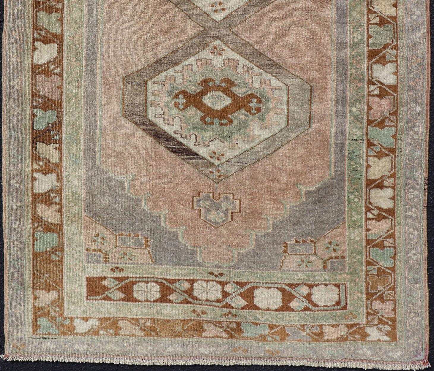 Vintage Turkish Oushak Rug in Lavender, Pink, Light Gray, Brown, Cream & Green In Good Condition For Sale In Atlanta, GA