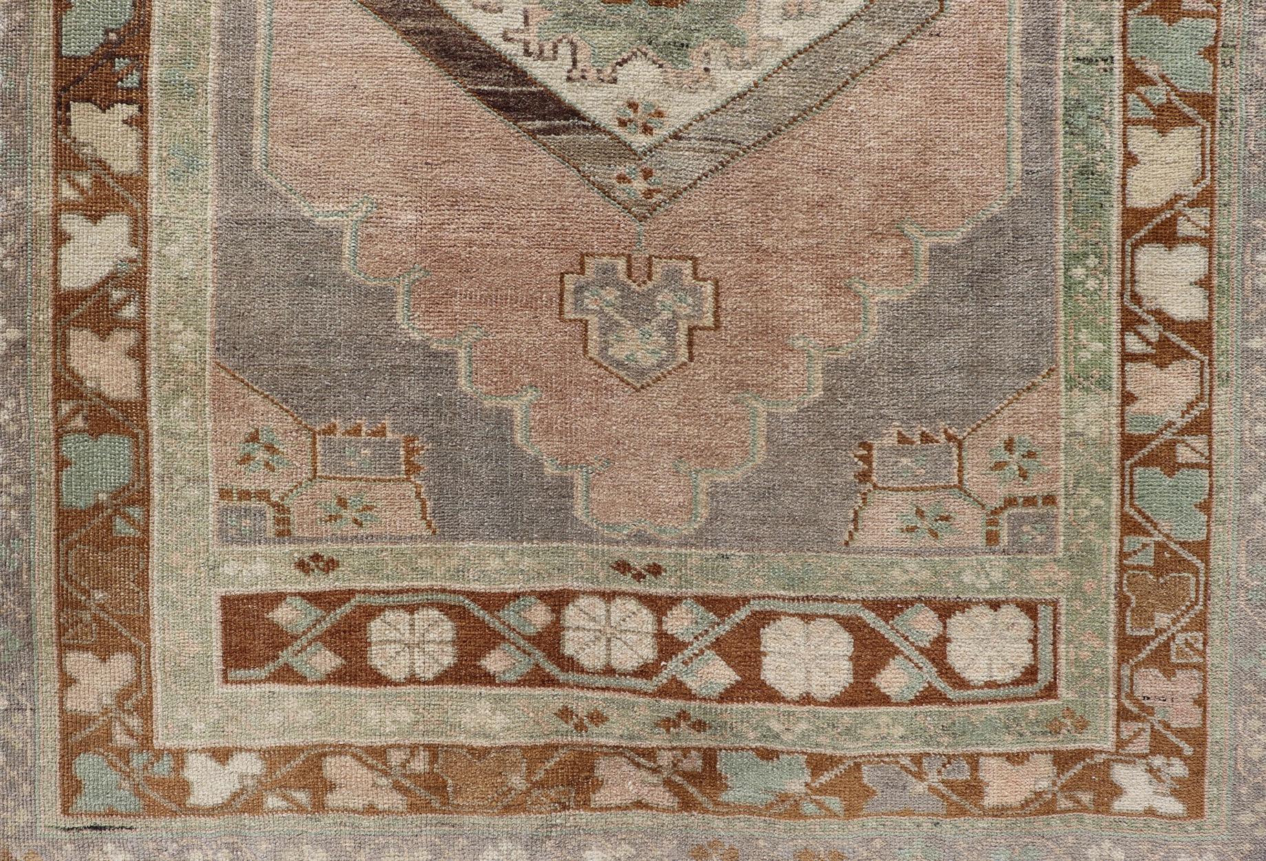 20th Century Vintage Turkish Oushak Rug in Lavender, Pink, Light Gray, Brown, Cream & Green For Sale