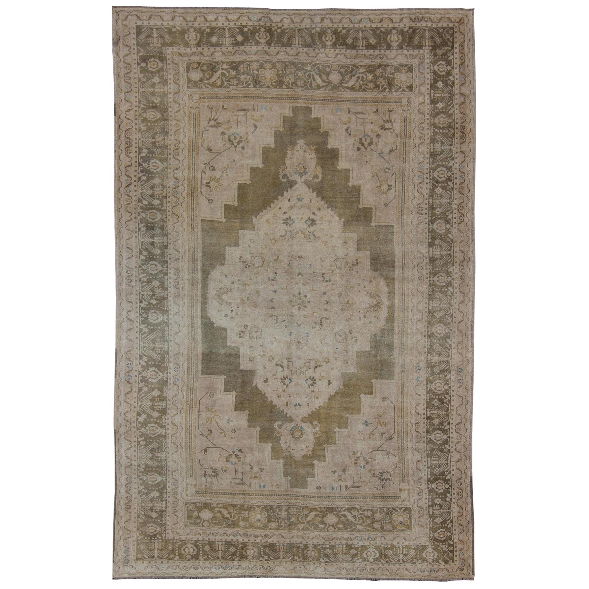 Medallion Vintage Turkish Oushak Rug in Olive Green, Army Green, Tan, Teal  For Sale