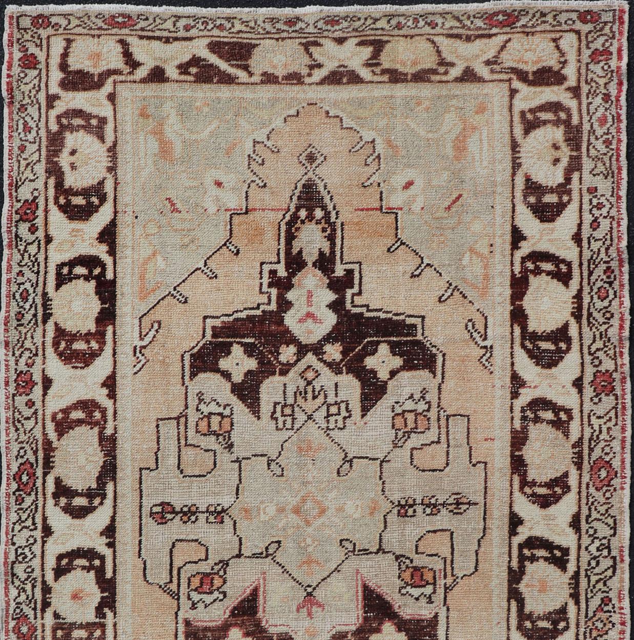 20th Century Vintage Turkish Oushak Rug in Orange, Brown, Taupe, and Light Green For Sale