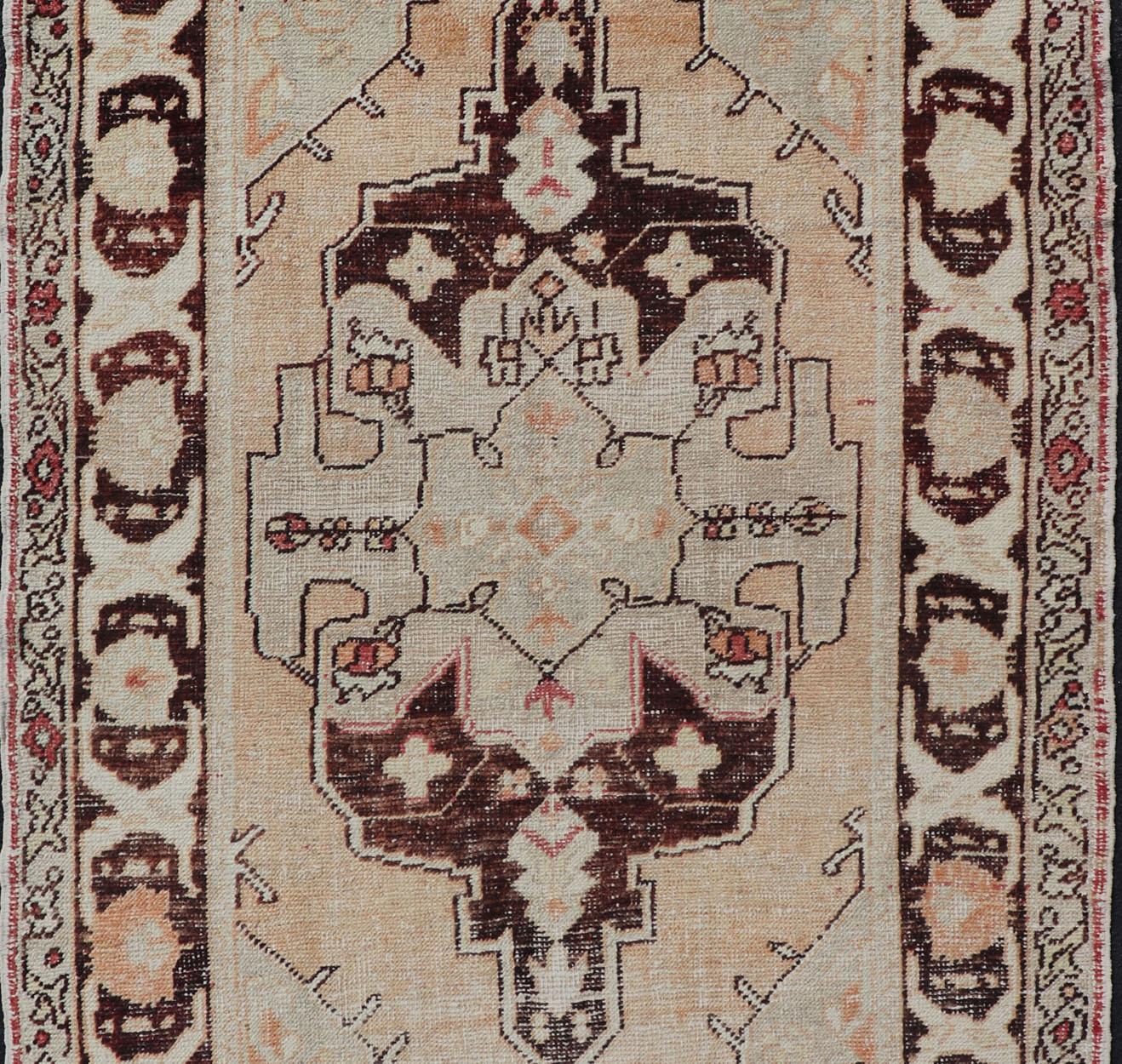 Wool Vintage Turkish Oushak Rug in Orange, Brown, Taupe, and Light Green For Sale