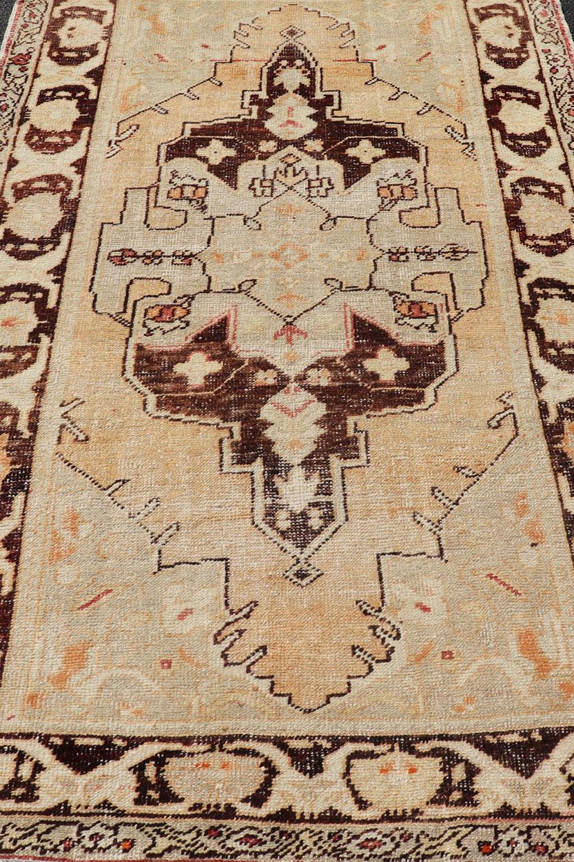 Vintage Turkish Oushak Rug in Orange, Brown, Taupe, and Light Green For Sale 2