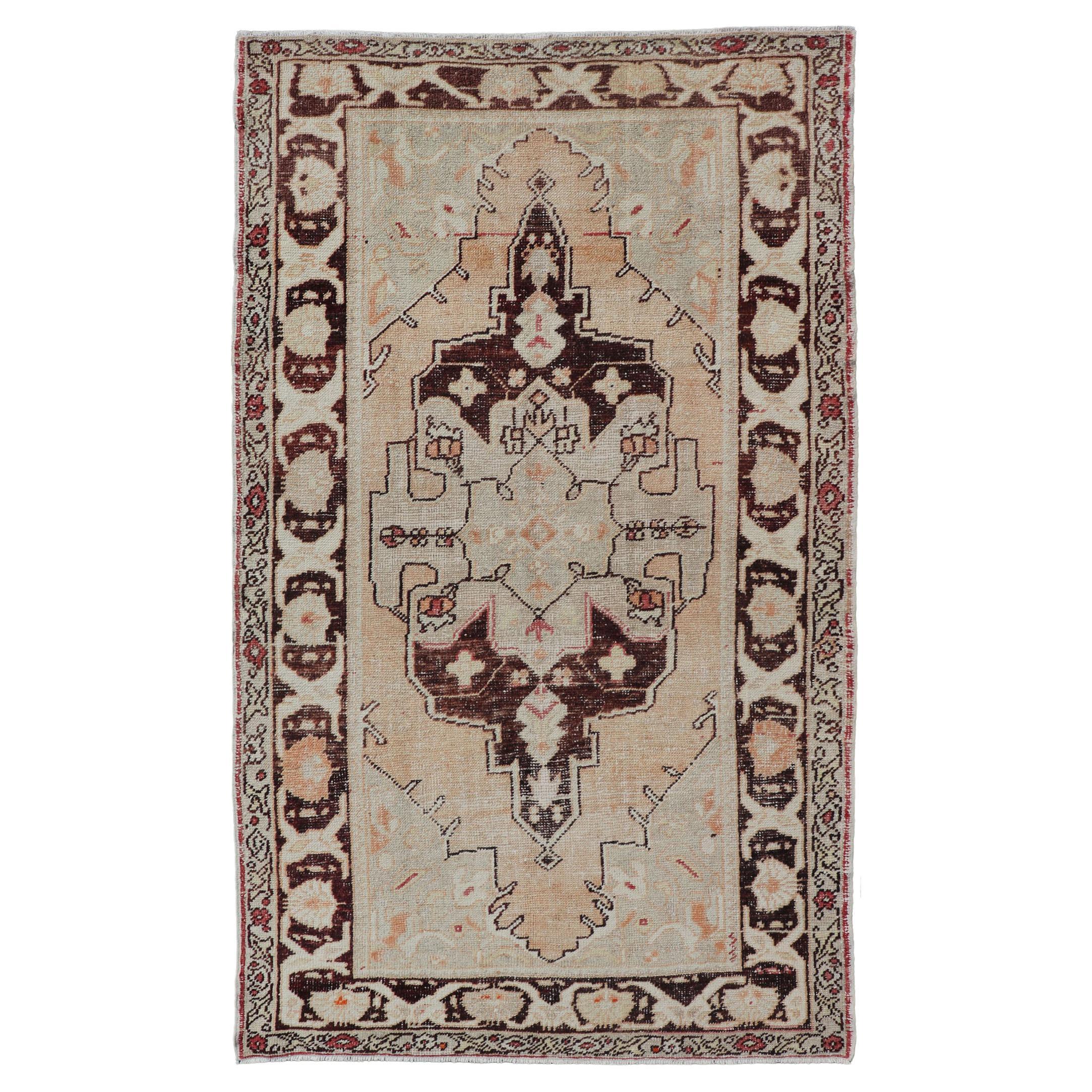 Vintage Turkish Oushak Rug in Orange, Brown, Taupe, and Light Green For Sale